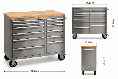 RETTER Workstation Edelstahl 12 Schubladen Massivholz-Werkba