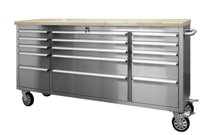 RETTER Edelstahl-Workstation 15 Schubladen Hartholzplatte 90