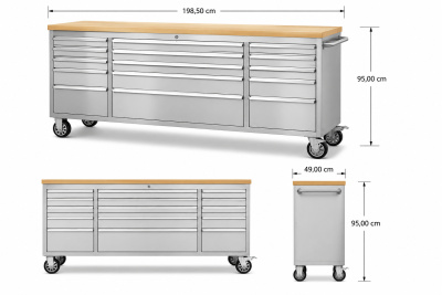 RETTER Edelstahl-Workstation 15 Schubladen Hartholzplatte 90