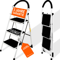 HAUSMARKT 3-Stufen-Stahlleiter – Klappbare Trittleiter mit Handgriff & rutschfesten Trittflächen, 110x46x70,5 cm, 150 kg belastbar
