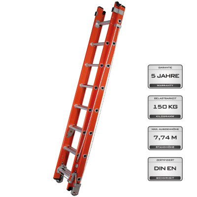 WARTER GFK214 Glasfaser-Ausziehleiter 2x14 Stufen 7,74 m 4