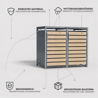 Mülltonnenbox Eiche  2er 240 L Anthrazit Holzoptik Soft