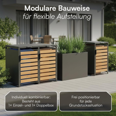 Eiche Mülltonnenbox 3er 240 L Anthrazit Stahl Holzoptik